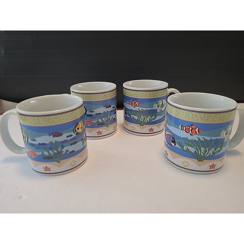 SAKURA CORAL REEF FISH SEA BEACH SCENE COFFEE MUGS 3.75" CLAIR MURRAY SET OF 4